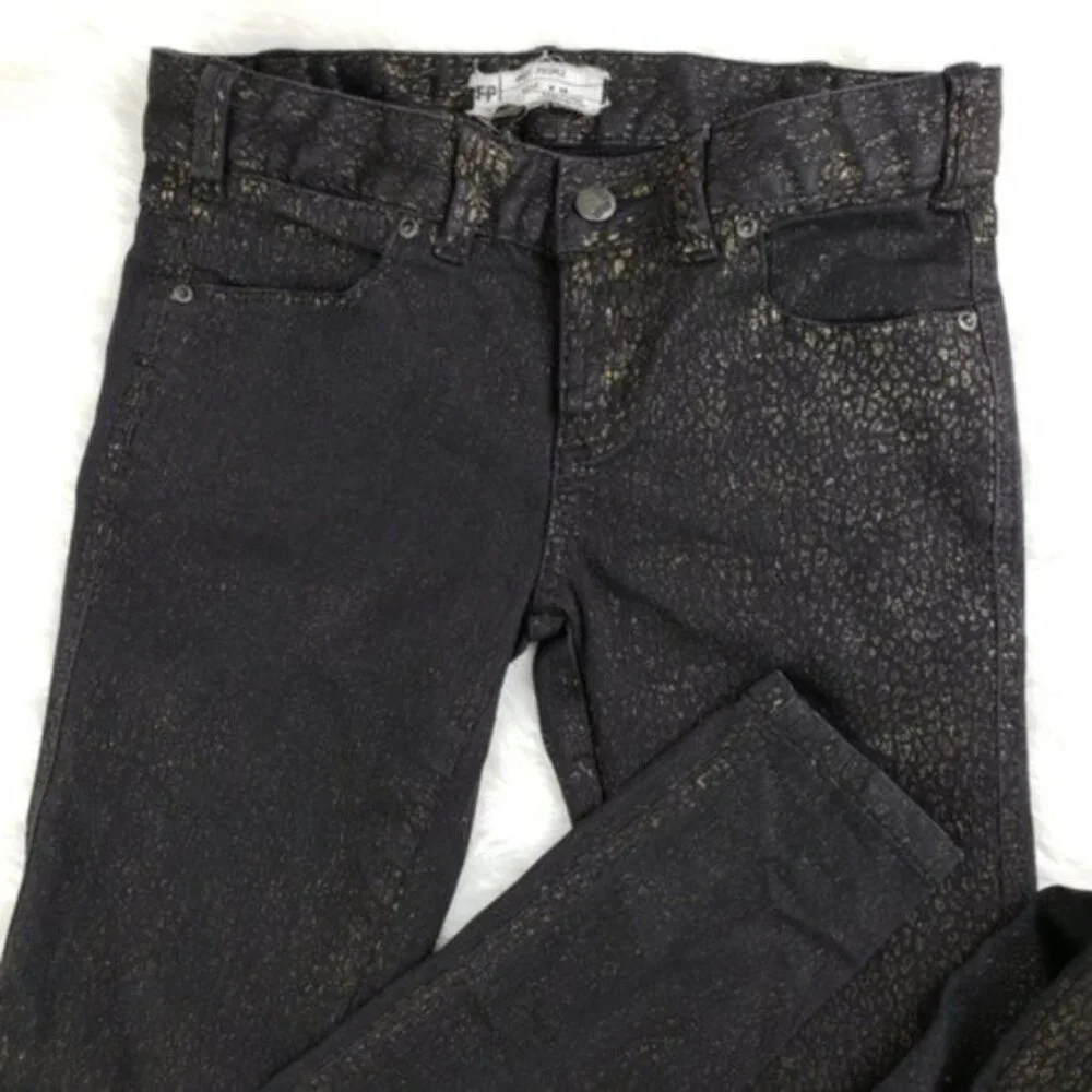 Free People Gold Leopard Print Jeans Y2K Denim Black Cheetah size 25 Stretch